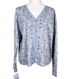 Hot Cotton Floral Cotton Cardigan Pale Blue Size Large NWT Made in USA